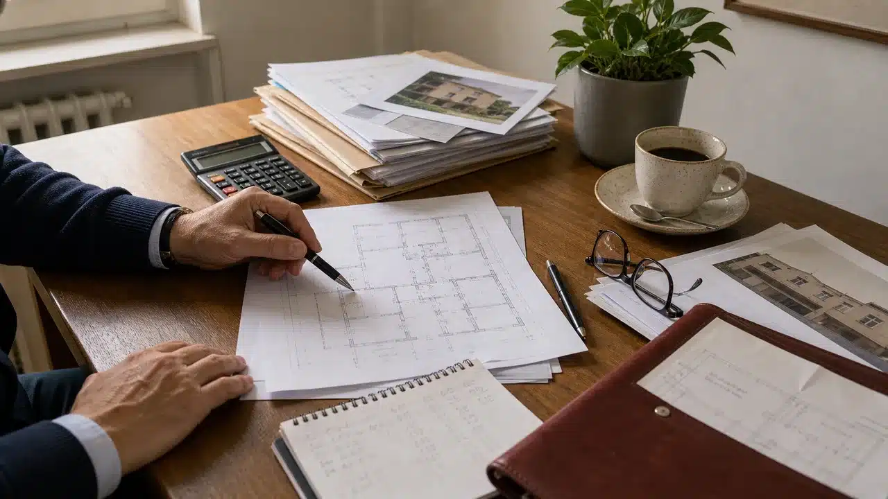 Analisi della planimetria catastale e della visura sul tavolo dello studio durante la valutazione immobiliare