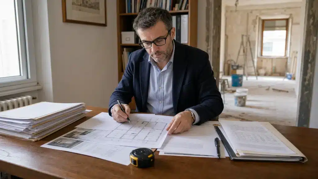 Consulente immobiliare esamina documenti e planimetria per il bonus ristrutturazione casa 2026