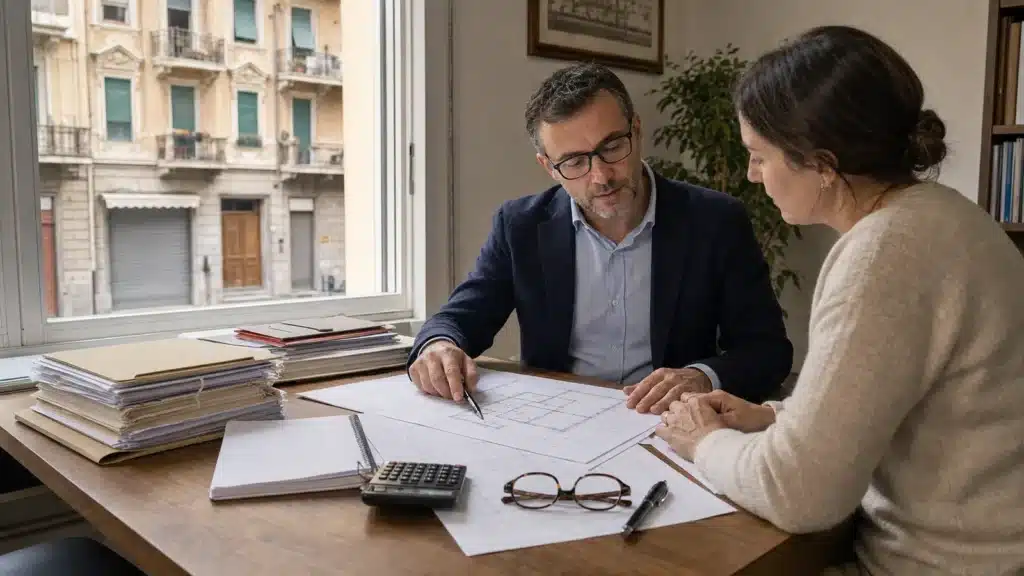 Consulente immobiliare e proprietario esaminano la pratica di cambio destinazione d'uso allo studio, con planimetria catastal