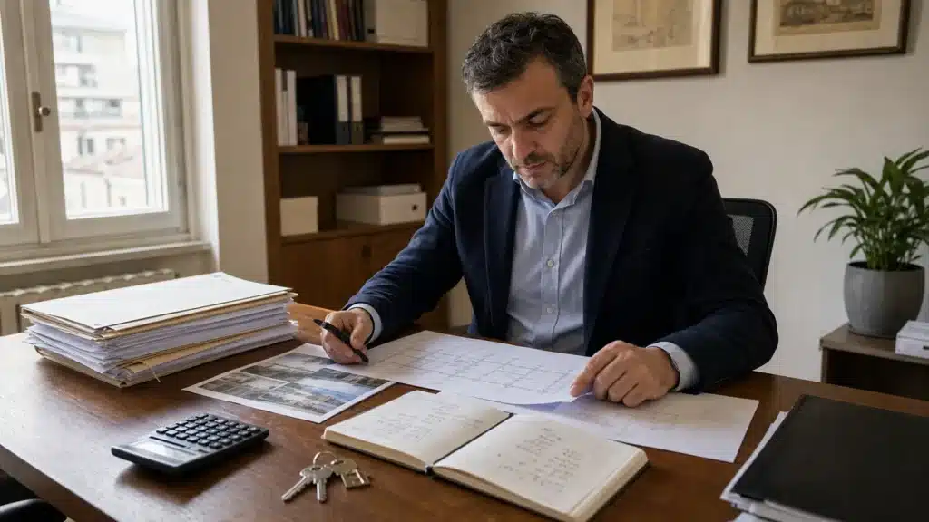 Consulente immobiliare analizza un investimento immobiliare in studio