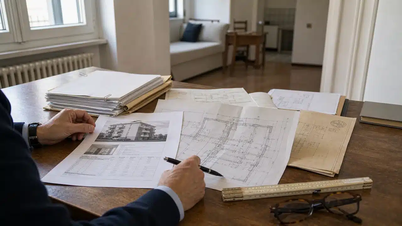 Confronto tra perizia bancaria e planimetria catastale durante un sopralluogo di verifica della regolarità urbanistica