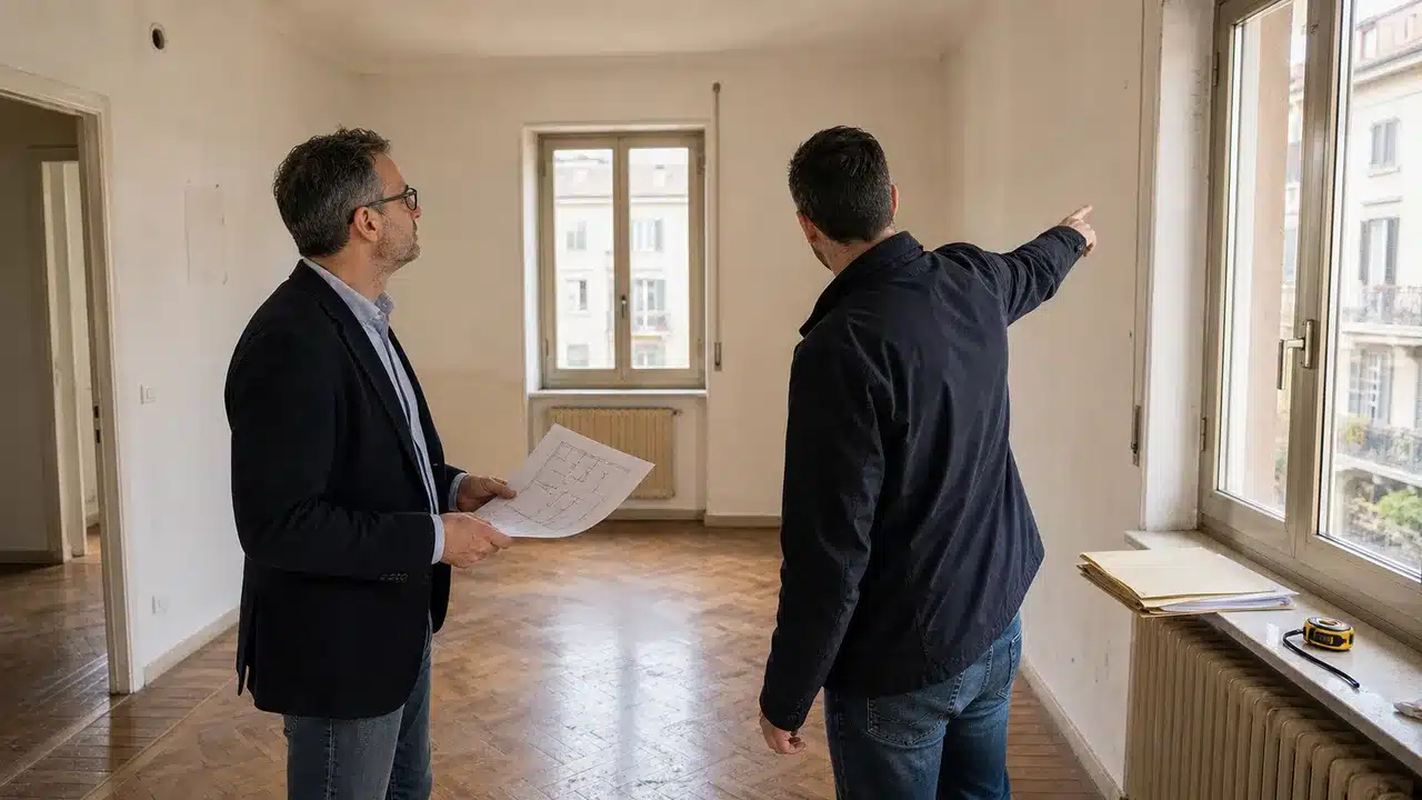 Confronto tra planimetria catastale e immobile reale durante il sopralluogo di verifica conformità urbanistica prima