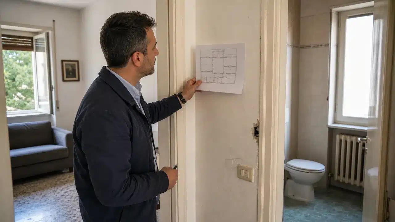 Consulente immobiliare confronta la planimetria catastale con lo stato reale durante un sopralluogo per difformità