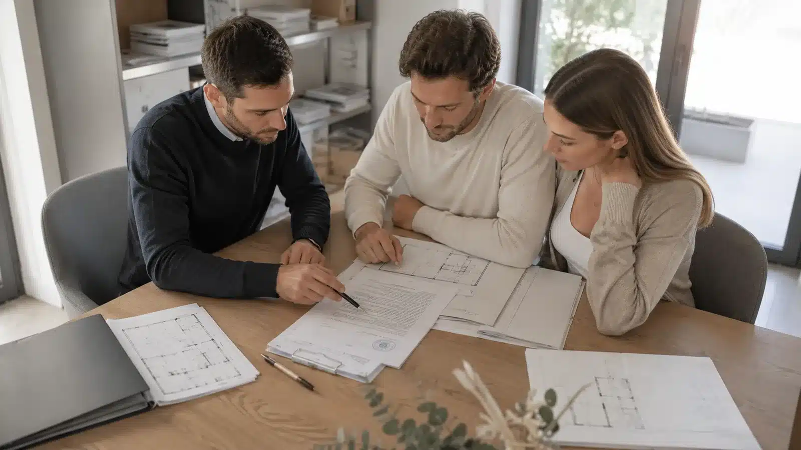 Coppia esamina contratto immobiliare con consulente al tavolo tra documenti e planimetrie