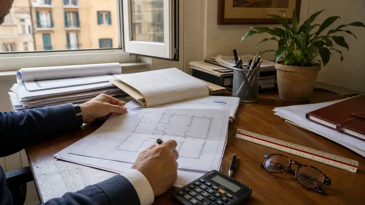 Documenti catastali ed edilizi sulla scrivania del consulente immobiliare