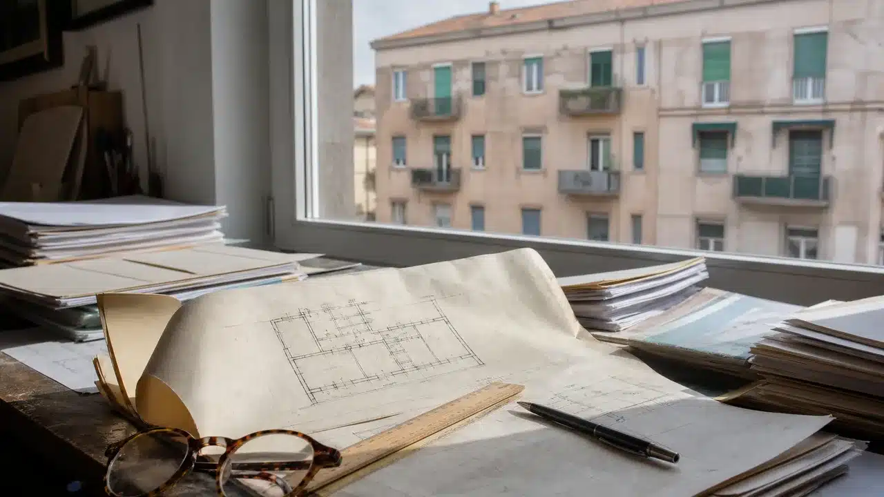 Documenti di sanatoria edilizia e una vecchia planimetria catastale su una scrivania di studio tecnico