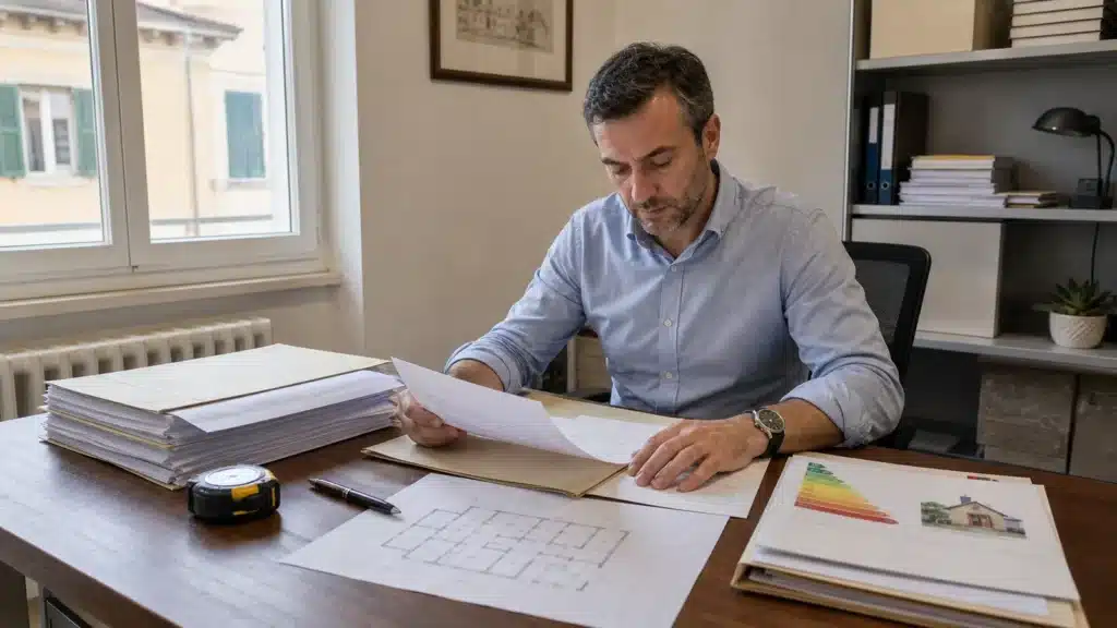 Documenti per vendere casa disposti sulla scrivania del consulente immobiliare durante un sopralluogo