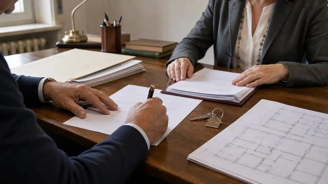 Estinzione anticipata del mutuo al rogito notarile: documenti e chiavi sulla scrivania durante la firma per vendere casa con mutuo in corso