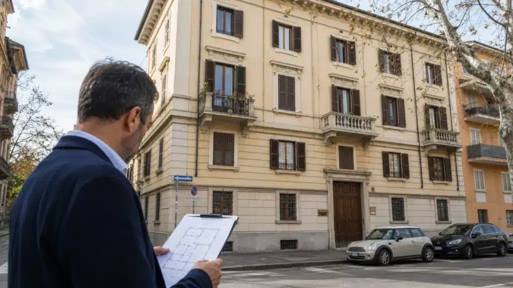 Consulente immobiliare durante un sopralluogo davanti a un palazzo italiano ristrutturato