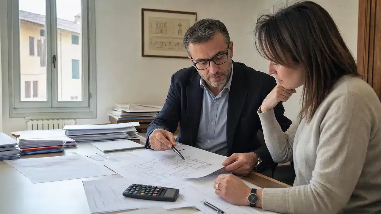 Pratica di sanatoria edilizia allo studio tecnico: confronto tra professionista e proprietario su documenti e planimetria