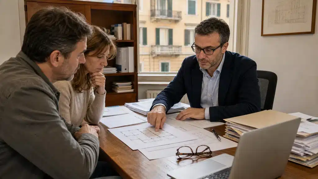 Consulente immobiliare e proprietari di casa esaminano documenti catastali e planimetrie per la sanatoria edilizia