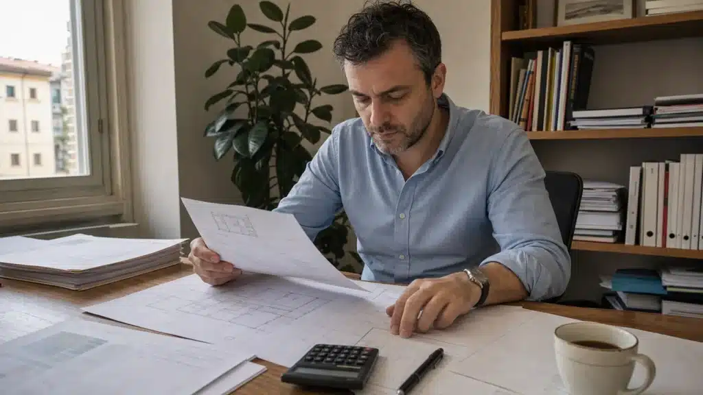 Consulente immobiliare esamina i costi di una sanatoria edilizia con planimetrie e documenti catastali sulla scrivania