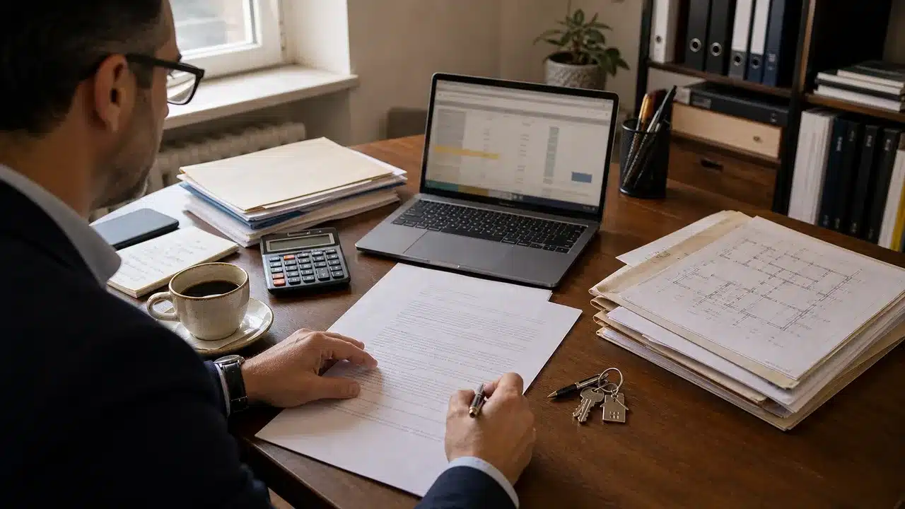 Scrivania del consulente immobiliare con contratto di locazione, chiavi e analisi del rendimento