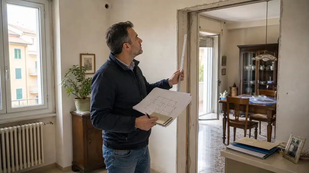 Sopralluogo tecnico in un appartamento italiano per verificare difformità edilizie ai fini della sanatoria