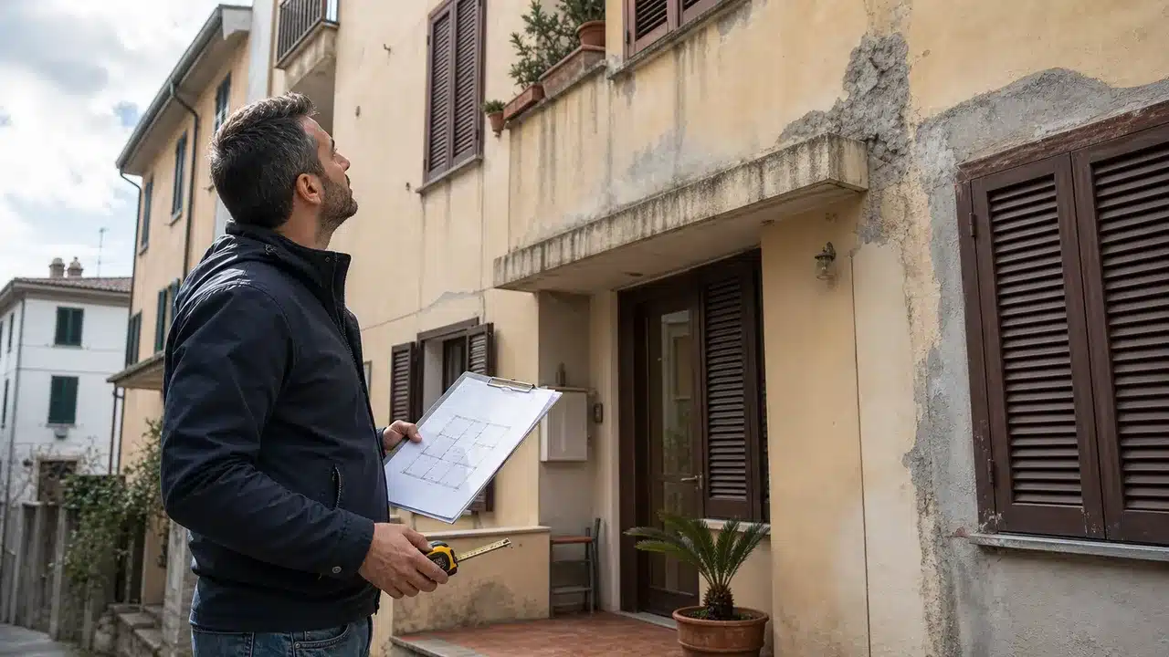Sopralluogo tecnico su un edificio residenziale italiano per verificare difformita edilizie da sanare