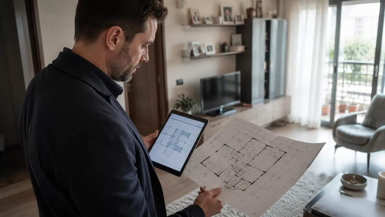 Tecnico confronta planimetria cartacea e rilievo digitale per verificare conformità urbanistica catastale dell'appartamento