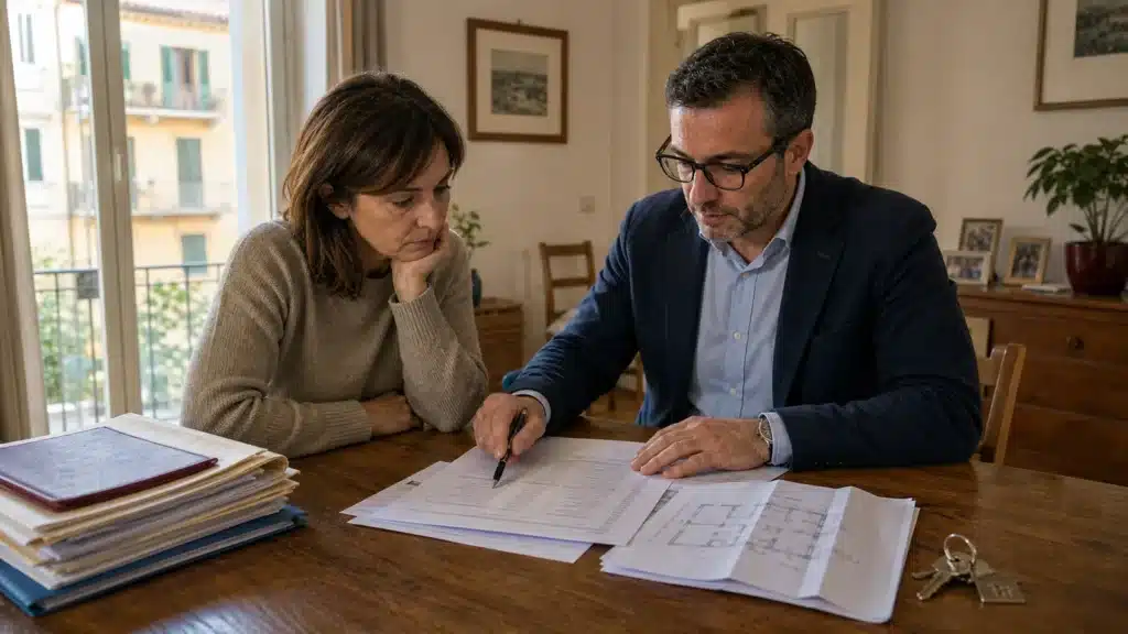 Consulente immobiliare e proprietario esaminano insieme il piano di ammortamento del mutuo e i documenti dell'immobile prima