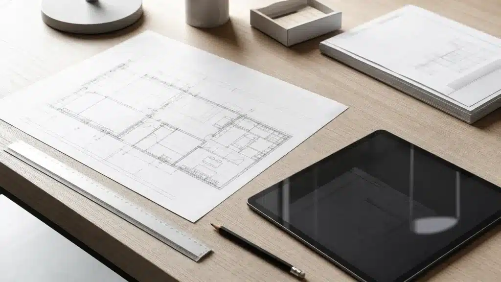 Planimetria catastale e tablet su scrivania tecnica, procedura DOCFA