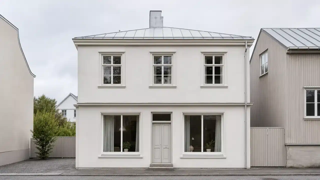 Facciata di un piccolo edificio con locale al piano terra oggetto di cambio destinazione d'uso