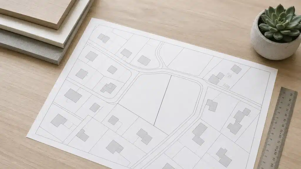 Mappa catastale con una particella divisa da una linea, frazionamento catastale