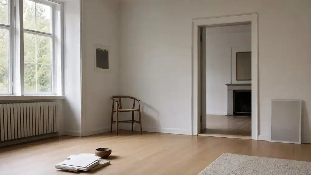 Soggiorno di una casa ereditata parzialmente vuota e luminosa