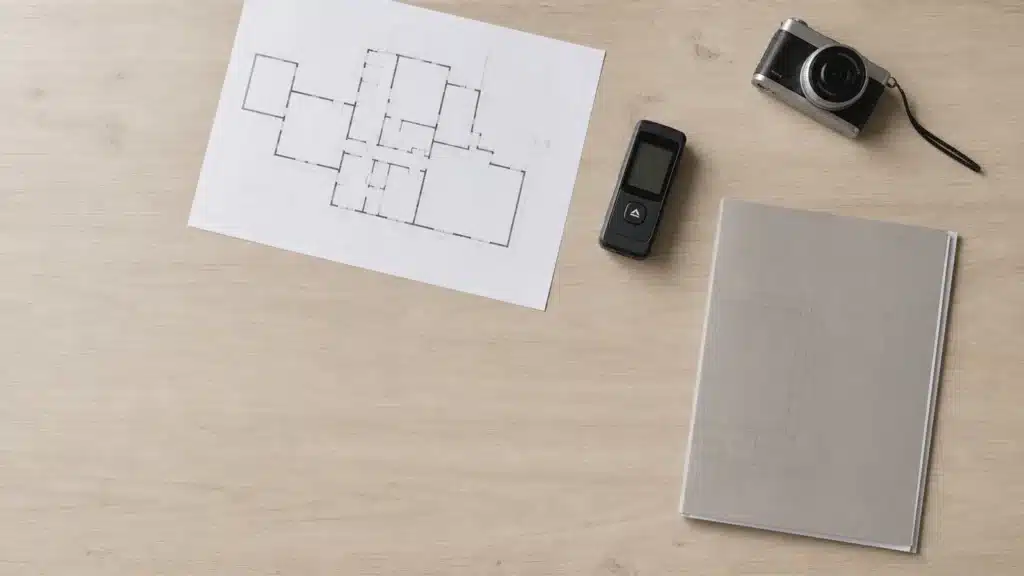 Scrivania con planimetria catastale, metro laser e relazione tecnica per una perizia immobiliare