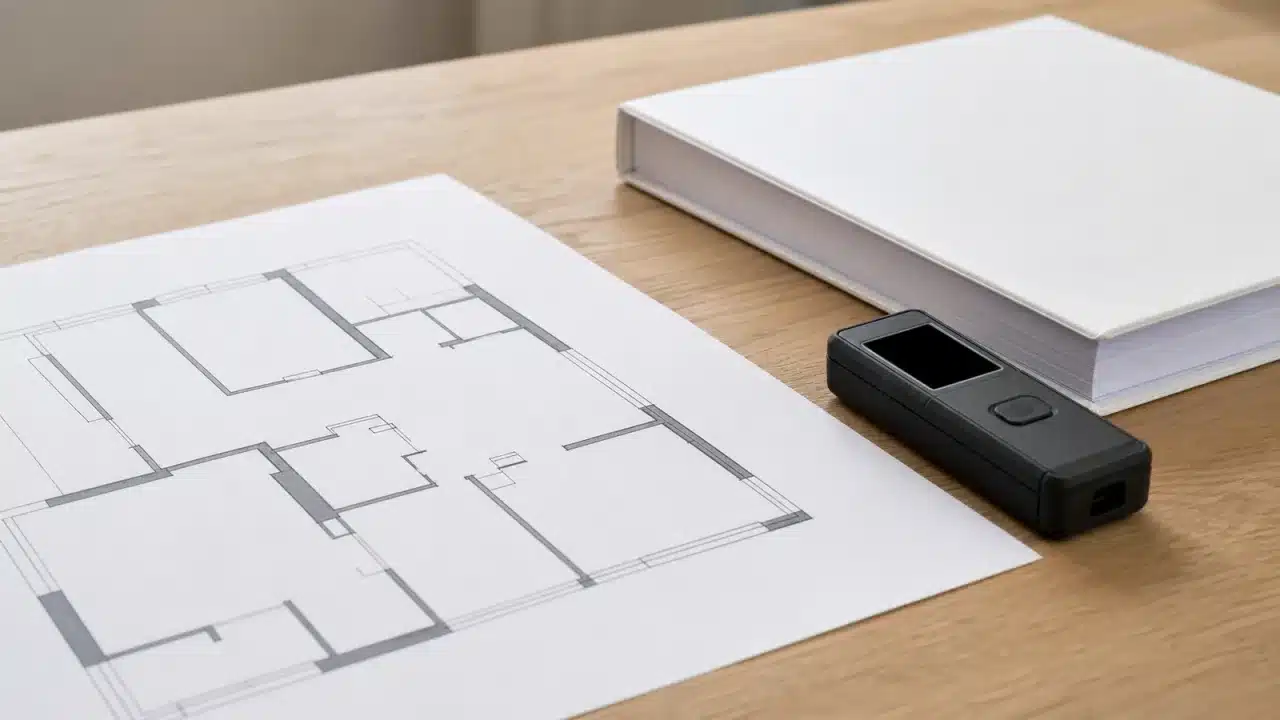 Planimetria catastale, metro laser e documenti tecnici su un tavolo in — verifiche prima investimento immobiliare