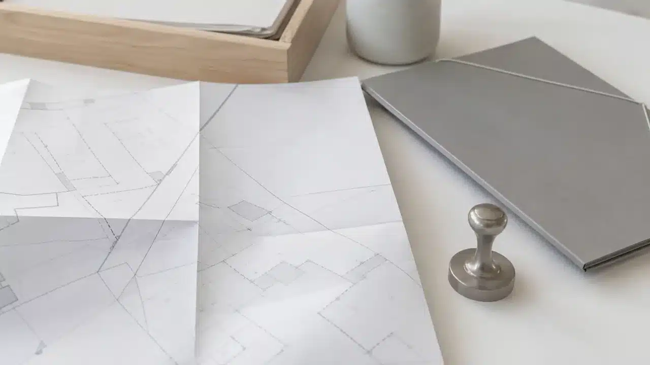 Relazione tecnica rilegata e timbro accanto a una piantina catastale su scrivania minimal — perizia immobiliare giurata