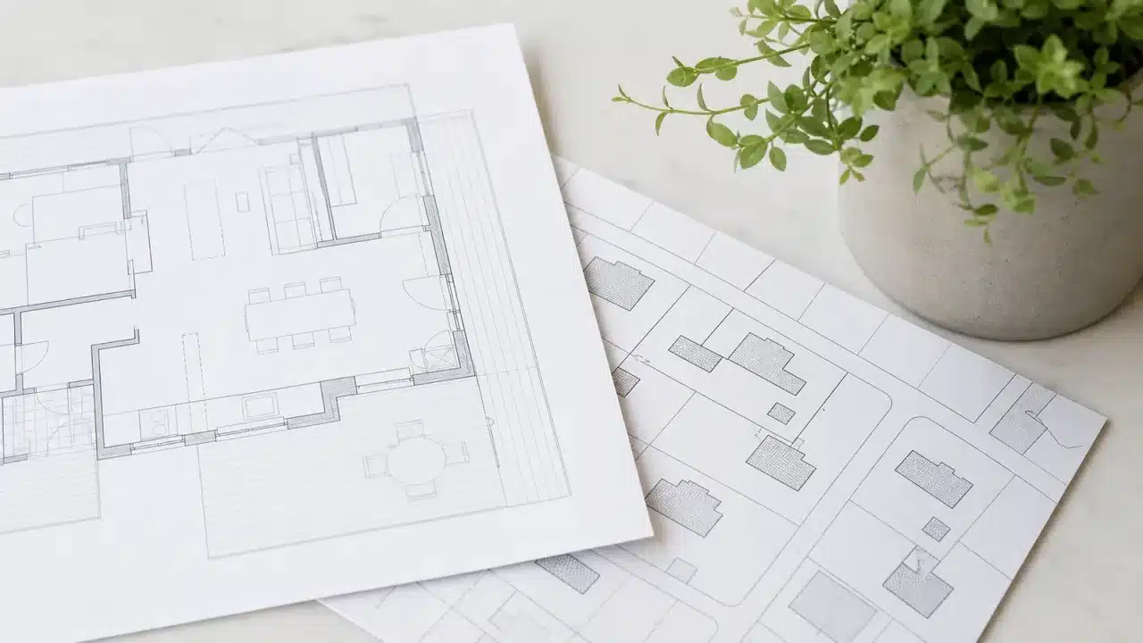 Scrivania con planimetria catastale e visura, stile minimal nordico — successione voltura catastale automatica
