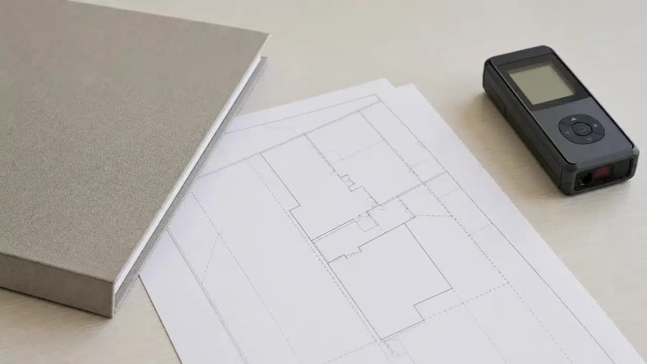 Scrivania con planimetria catastale, metro laser e faldone di perizia immobiliare, consulente tecnico di parte