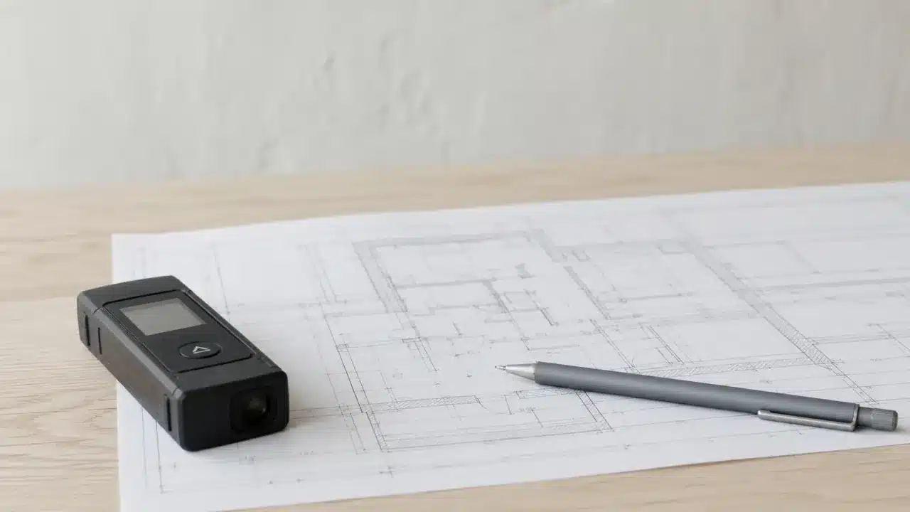 Scrivania con planimetria catastale, metro laser e relazione tecnica di una perizia immobiliare