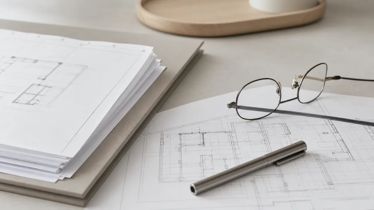 Scrivania tecnica minimal con planimetrie, metro e documenti immobiliari — costa una perizia immobiliare
