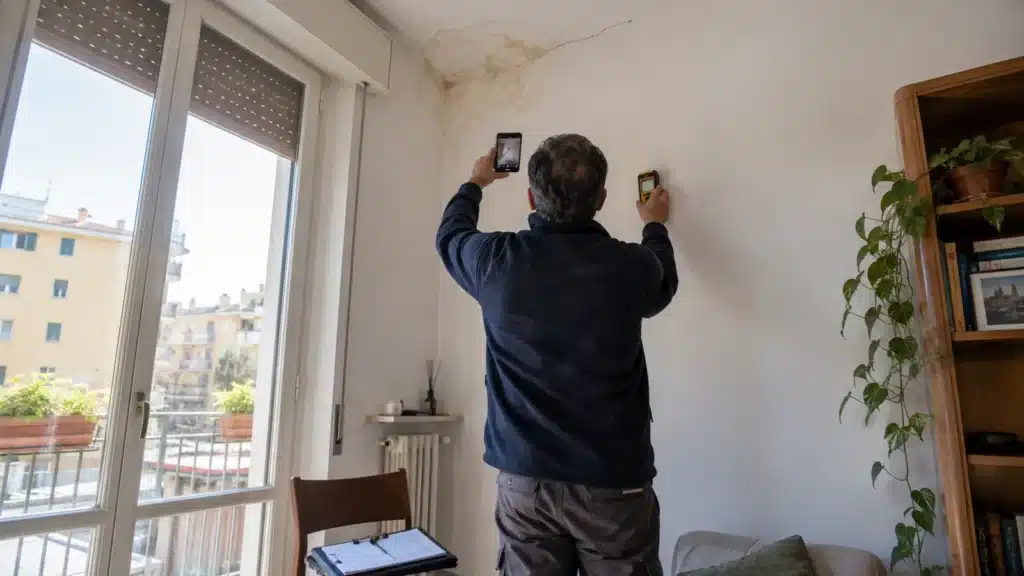 Consulente tecnico che documenta un'infiltrazione sul soffitto