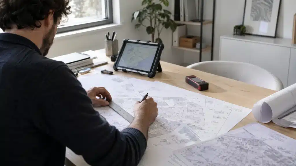 Tecnico al lavoro su mappe catastali con tablet e misuratore laser