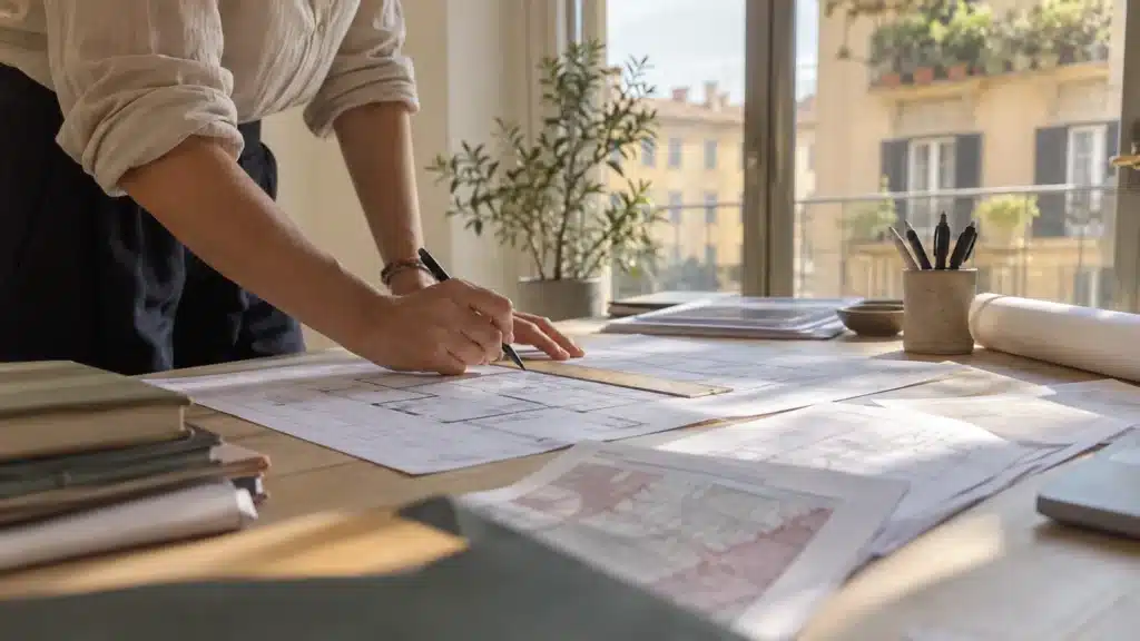 Tecnico esamina planimetrie e documenti per la relazione di regolarità tecnica edilizia