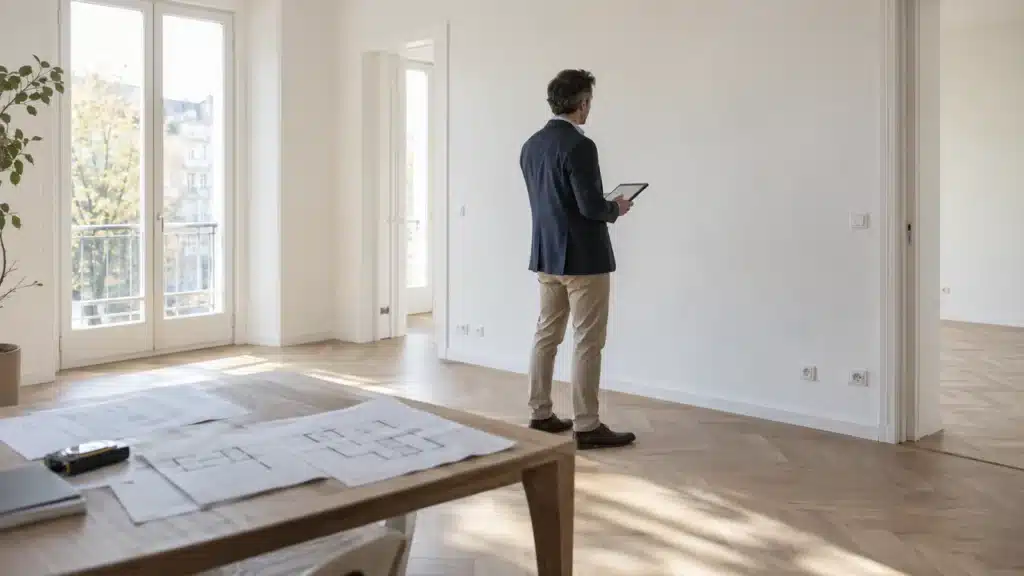 Tecnico indipendente confronta planimetrie e stato di un appartamento con un tablet
