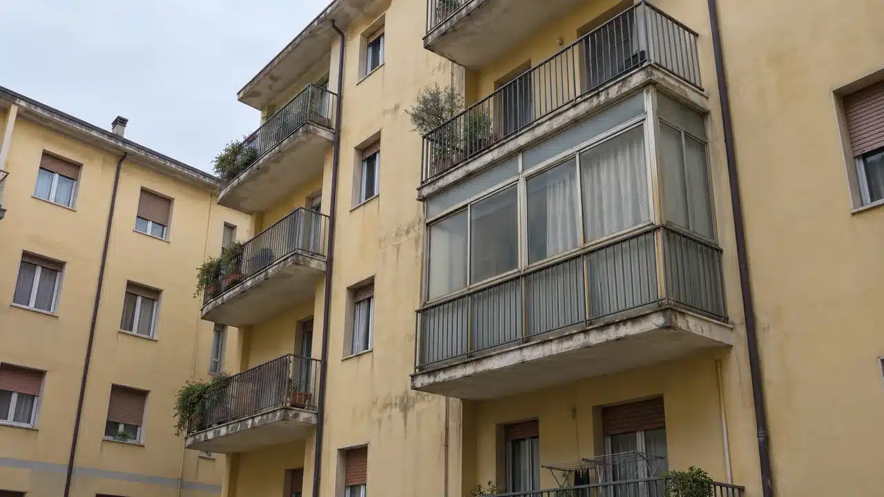 Balcone chiuso da una veranda in alluminio sul retro di un condominio anni Settanta