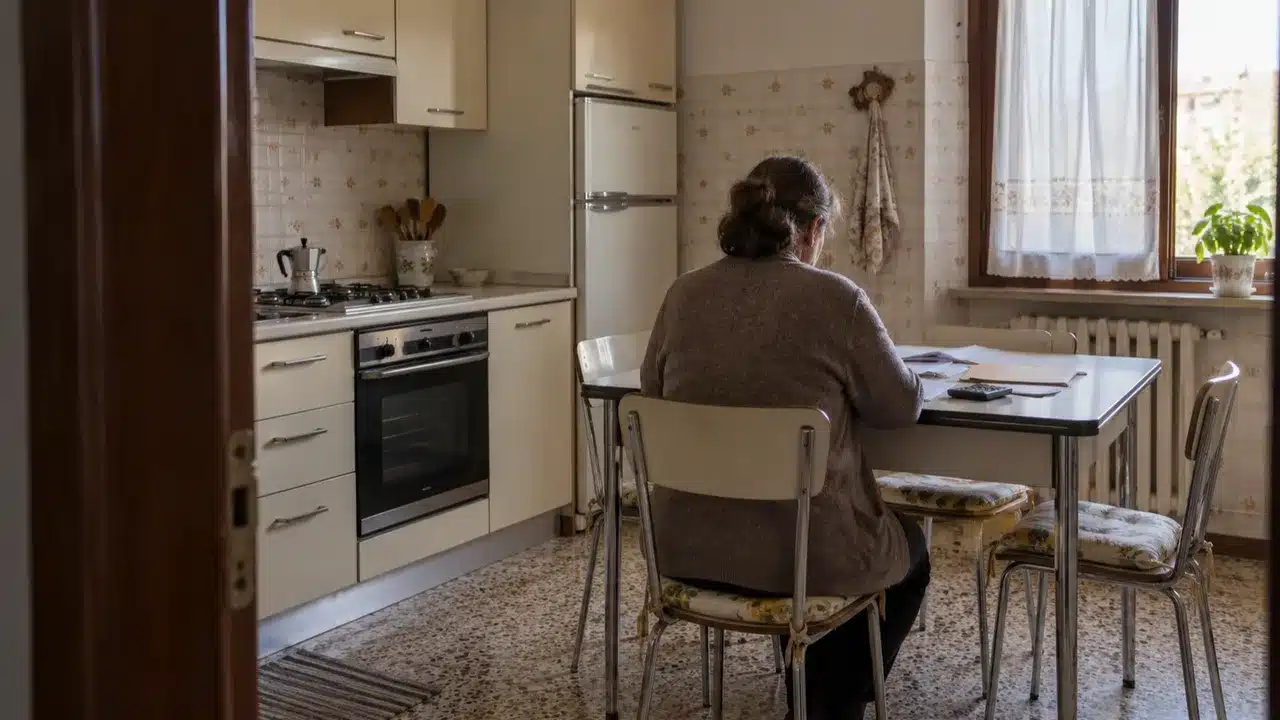 Erede al tavolo della cucina della casa ereditata mentre fa i conti del valore catastale