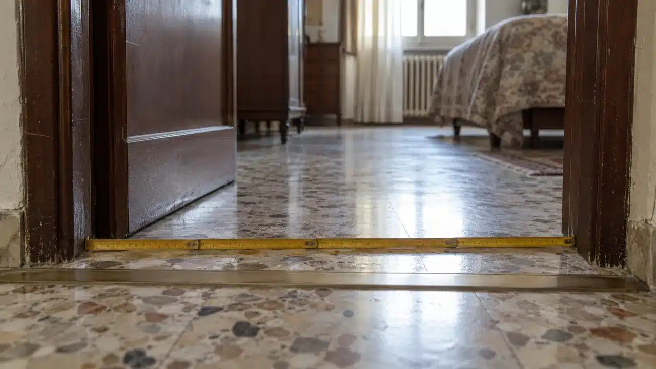Progetto approvato, scalimetro e distanziometro laser sul tavolo durante il confronto tra misure autorizzate e misure rilevate