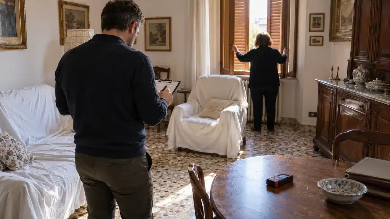 Sopralluogo di un tecnico in una casa di famiglia per la stima dell'immobile da dividere