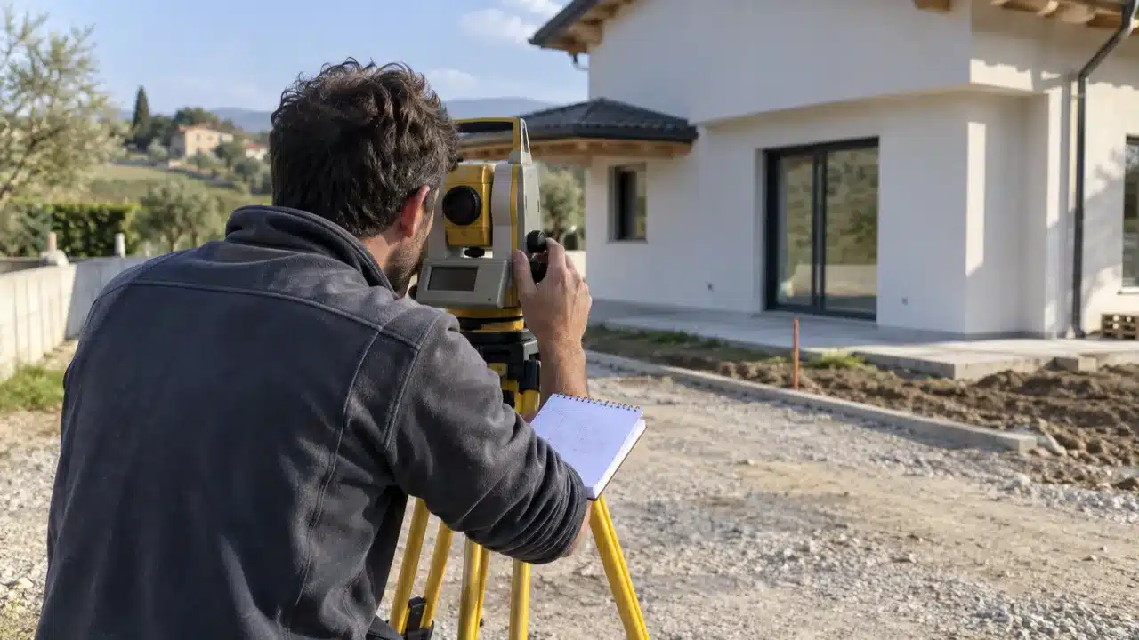 Tecnico che esegue il rilievo topografico di una casa di nuova costruzione per l'accatastamento