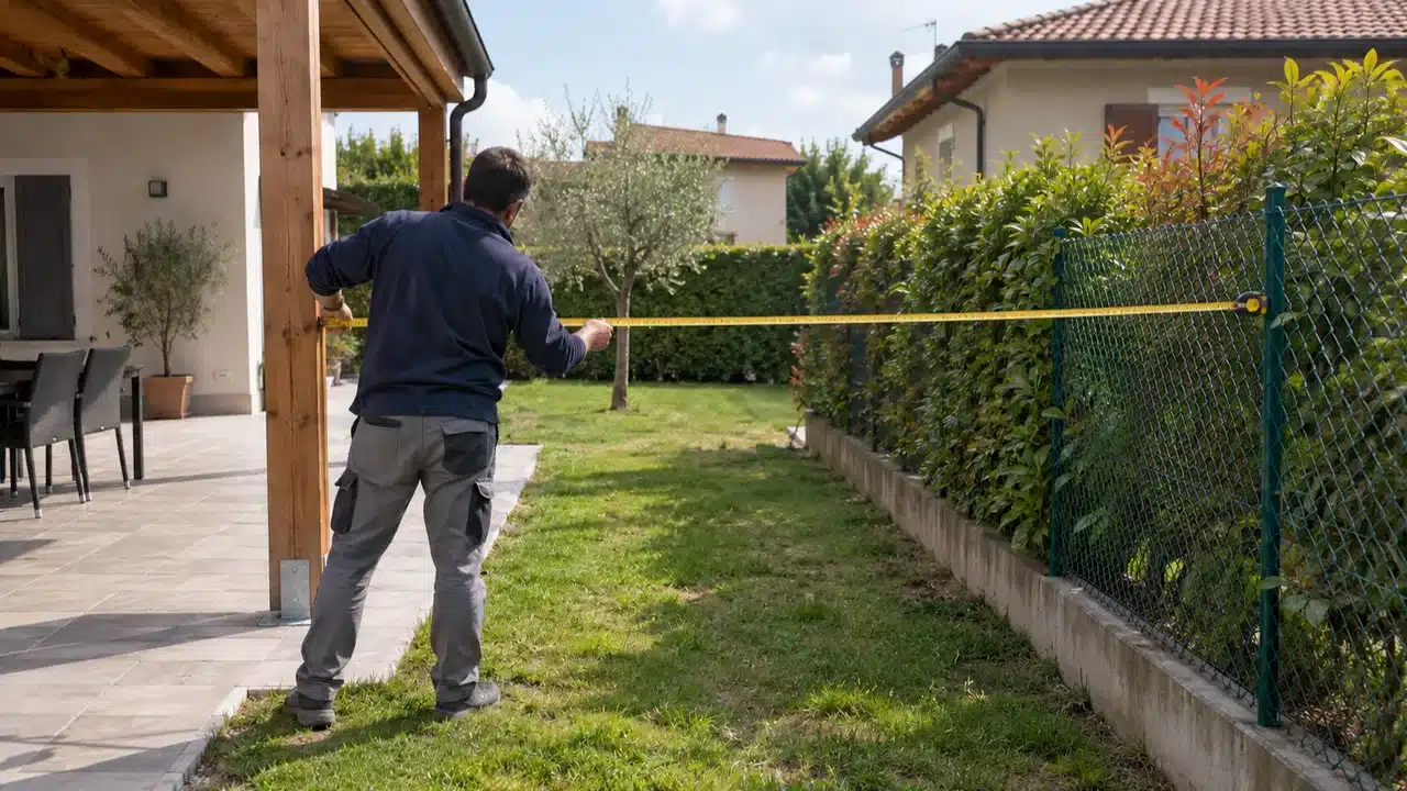 Tecnico che misura la distanza tra il pilastro di una tettoia e la recinzione di confine