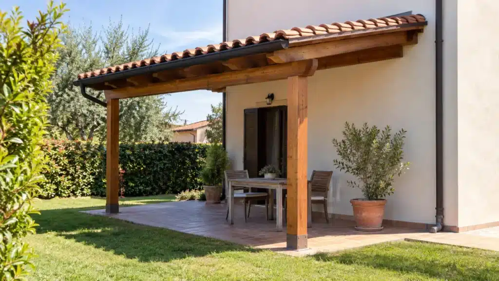 Tettoia in legno con copertura in coppi addossata al fianco di una villetta
