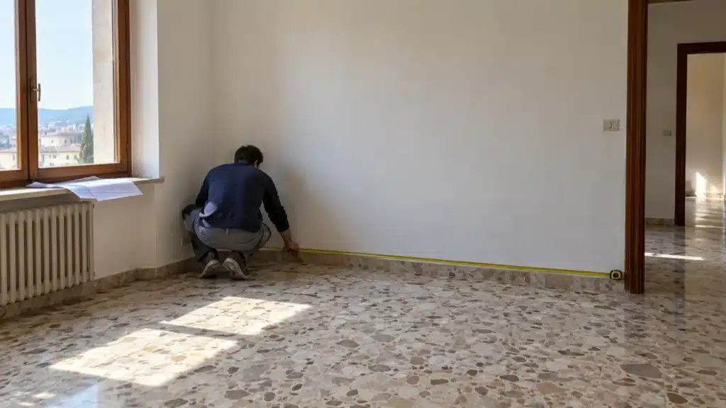 Tecnico di spalle misura una parete con il metro in un appartamento vuoto