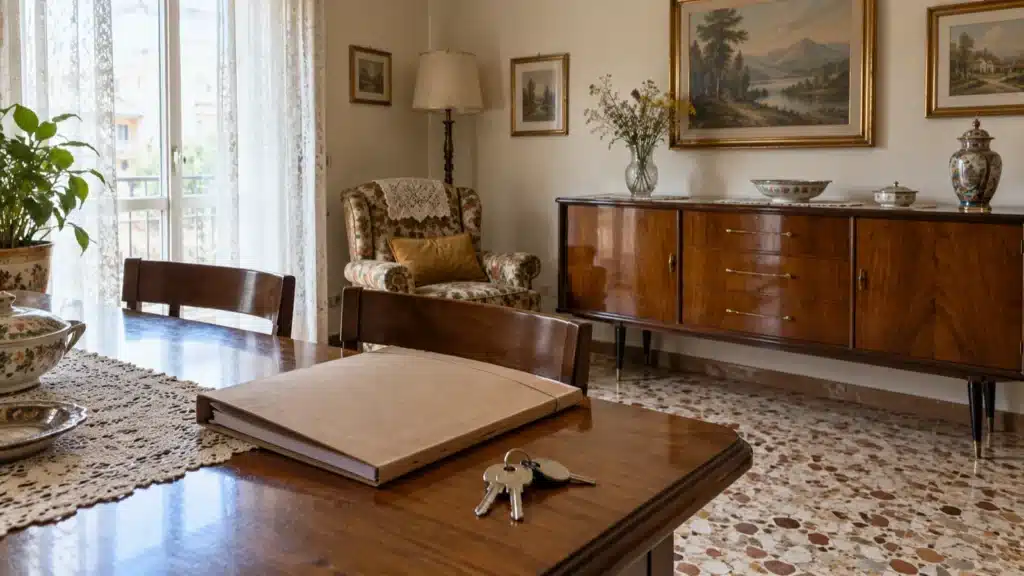 Soggiorno di un appartamento anni Settanta ereditato, con cartellina e chiavi sul tavolo