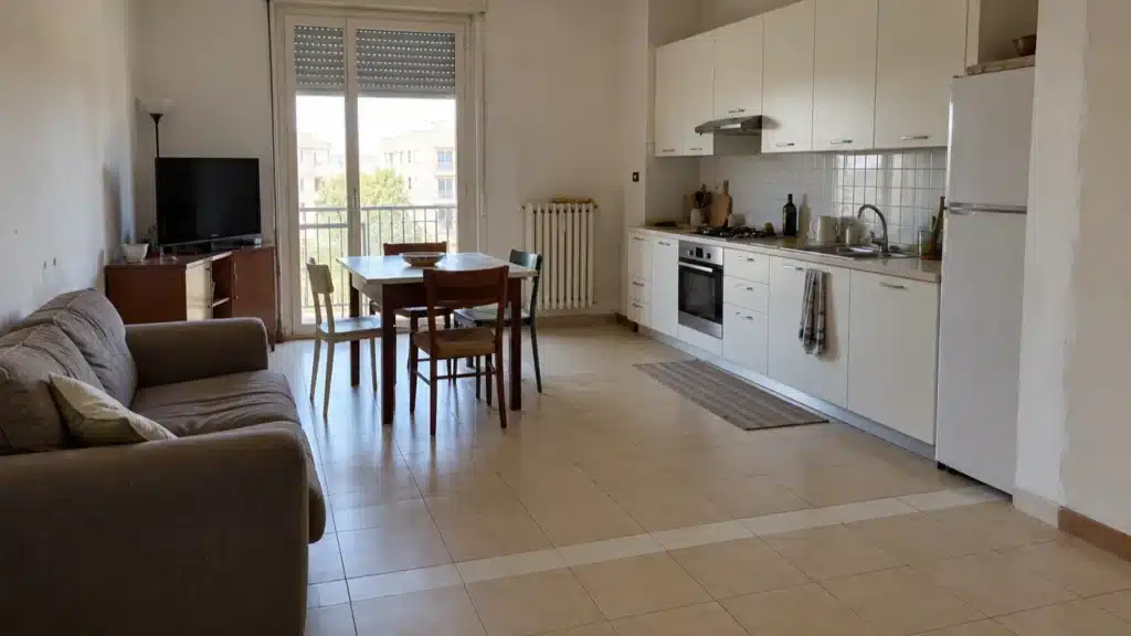 Cucina e soggiorno uniti: sul pavimento resta la traccia del tramezzo demolito